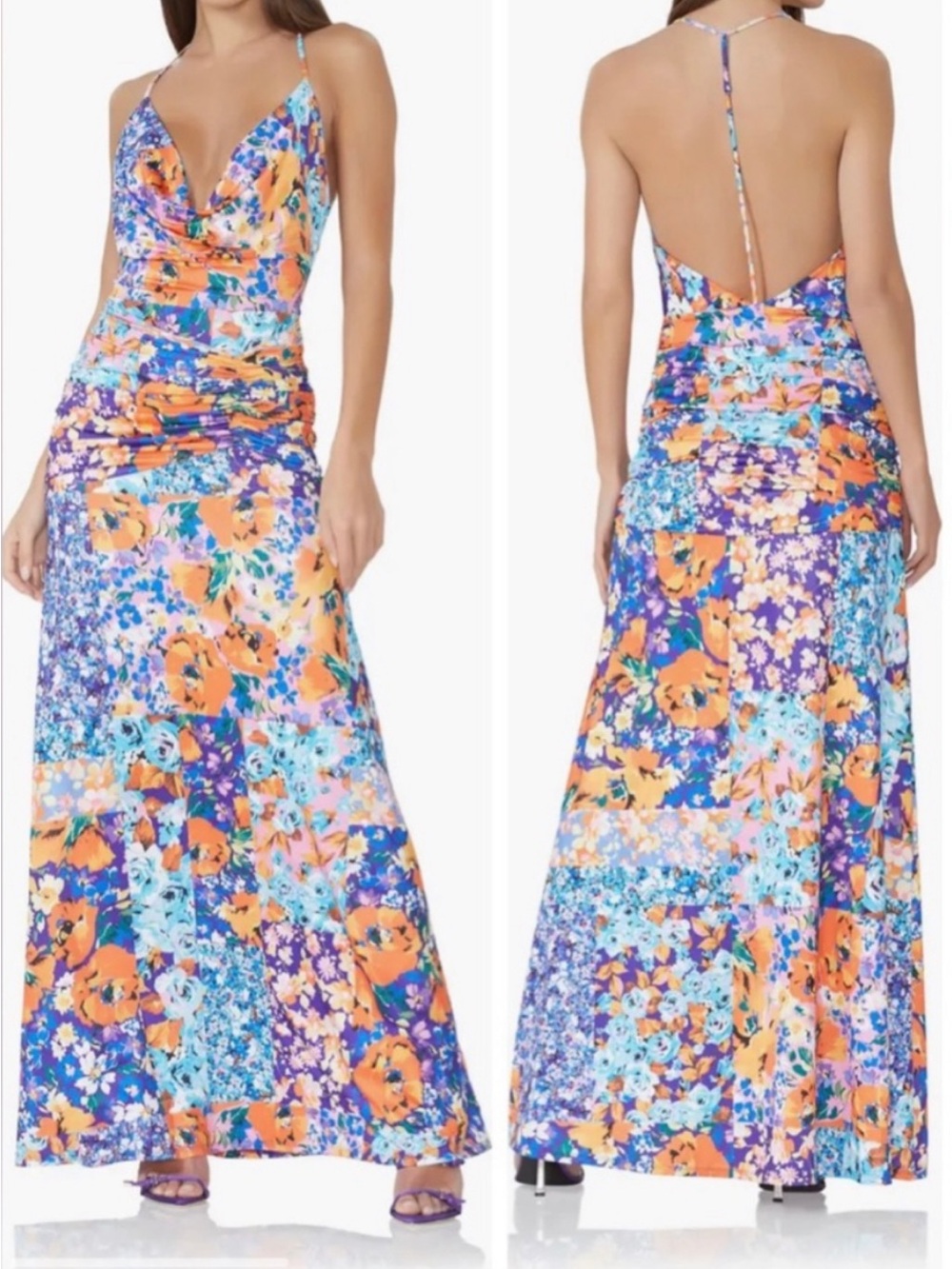 AFRM Vibrant Floral Halter Maxi Dress in Blue & Orange